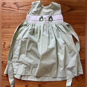 Be Mine -Girl’s 2T hand sewn smocked dress with frogs. Green/white